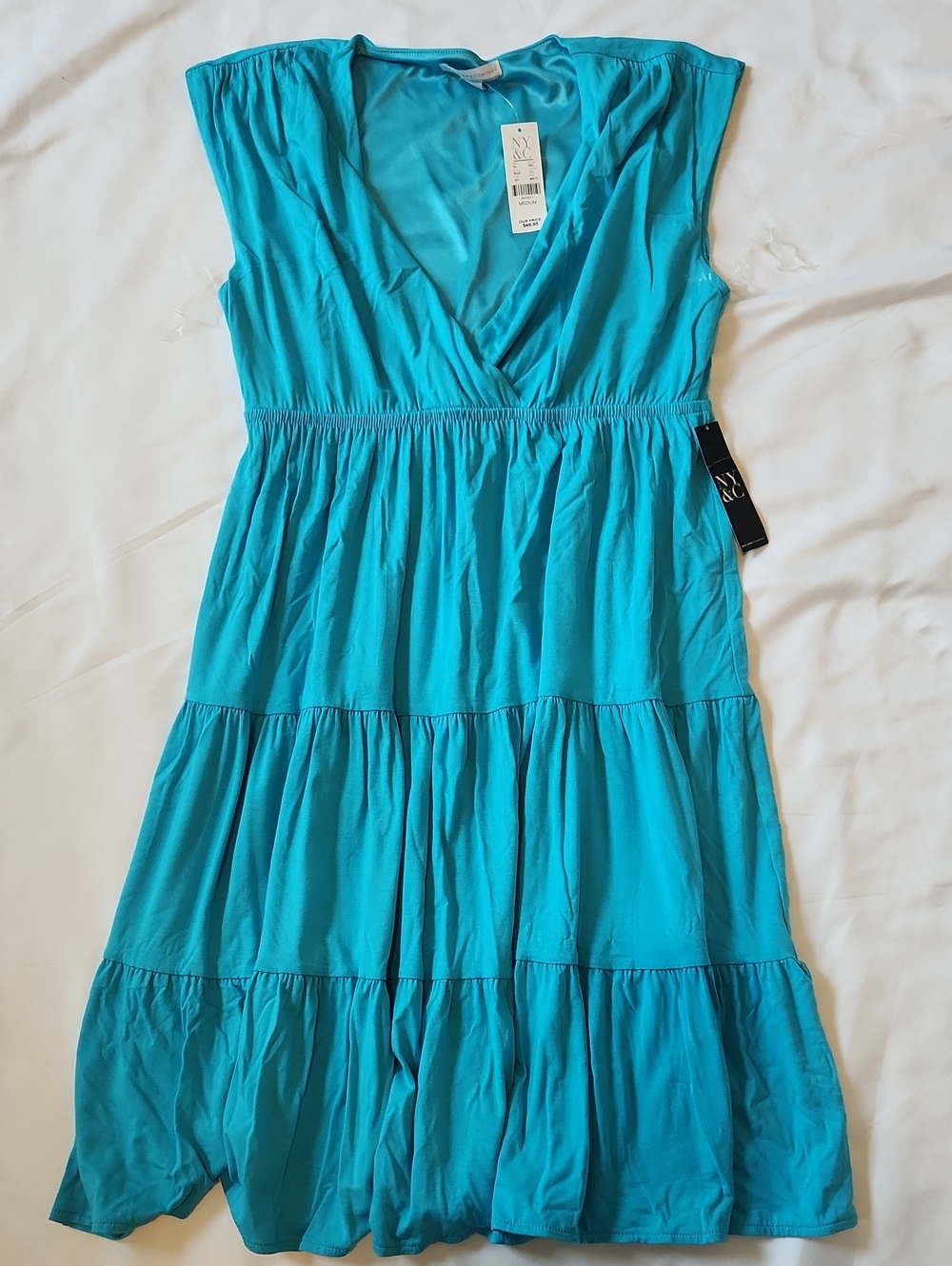 New York & Company Bright Aqua V-Neck Dress